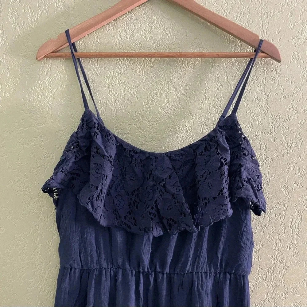 IZ Byer Maxi Dress Medium Lace Ruffle Navy Blue Lined Boho Cottage Sleeveless - Picture 3 of 11